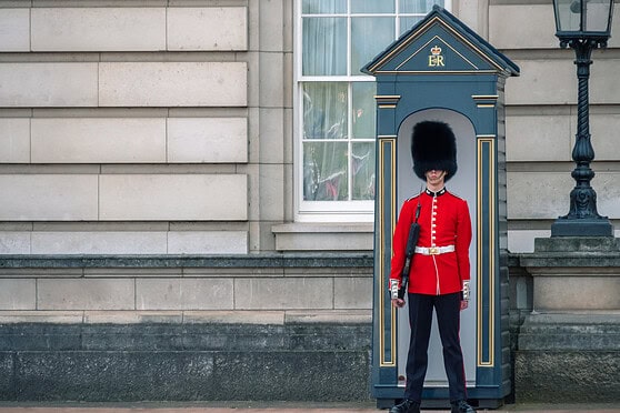 A regal royal guard standing alert outside Buckingham Palace in London, dressed in a striking red uniform and iconic bearskin hat, symbolizing British tradition and ceremonial pageantry.