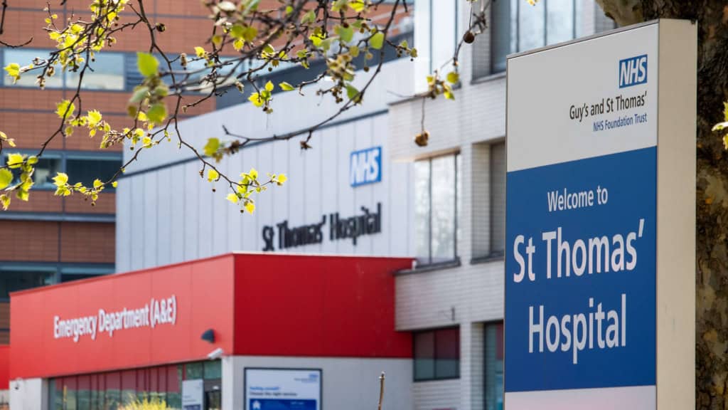 The entrance to St Thomas' Hospital, where expats and visitors to the UK can access emergency care