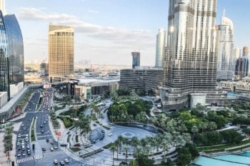 Dubai's healthcare system: Burj Vista and city skyline on a sunny day