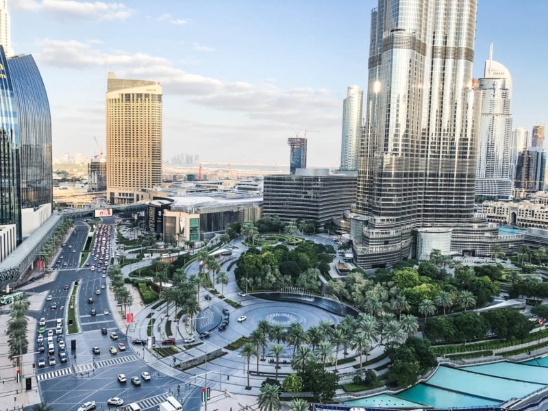 Dubai's healthcare system: Burj Vista and city skyline on a sunny day