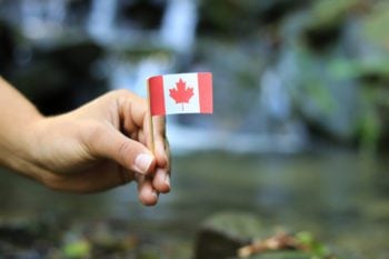 Canadian expat placing small Canadian flag in ground overseas