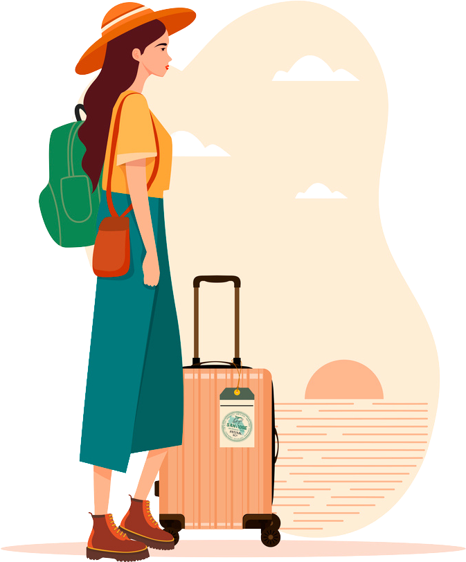 Vector illustration of boho style traveller, with hat and luggage.
