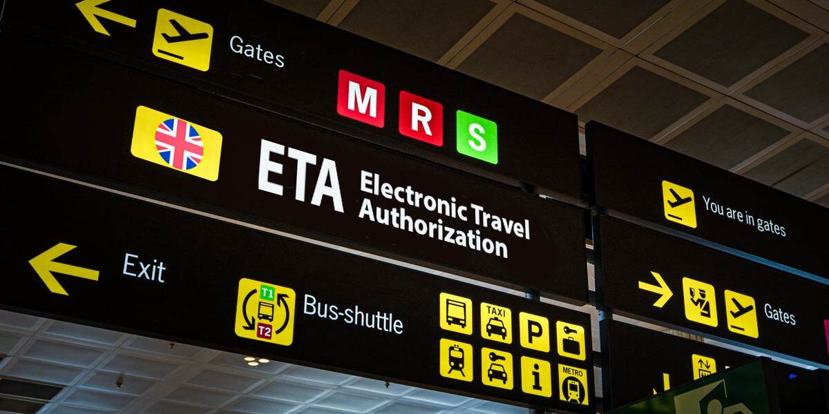 a UK ETA sign at an international airport in the UK