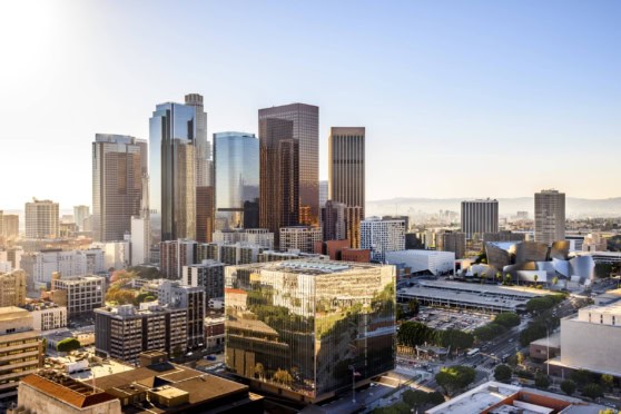 Modern Los Angeles cityscape featuring tall glass buildings and urban architecture.