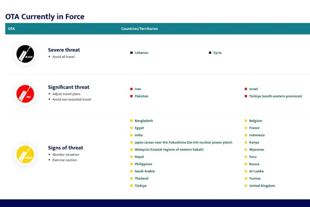 A screenshot of the Hong Kong travel advisory, Security Bureau