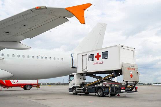 Emergency aircraft with medical ambulance for urgent patient transport and healthcare services.