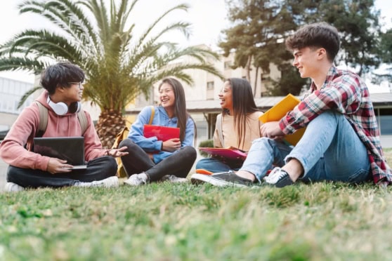 Diverse group of young students sitting on grass, engaged in conversation, with backpacks and study materials, representing international student life.