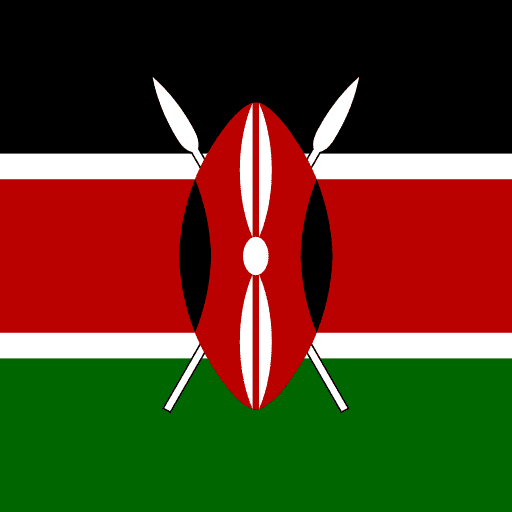 A vibrant Kenyan flag featuring green, red, black, and white, overlaid with a military helmet and crossed spears, symbolizing national pride and protection for international citizens.