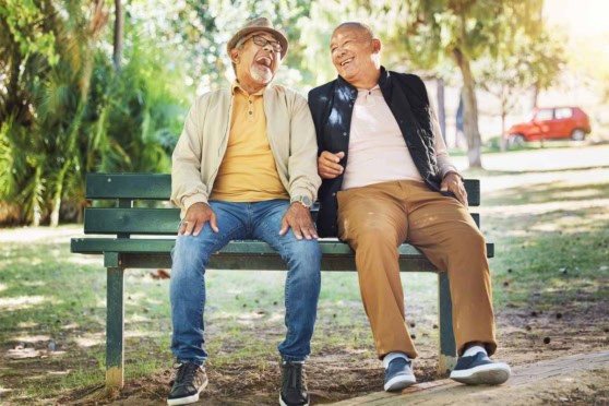 Elderly couple laughing and chatting on park bench, enjoying sunny day outdoors.