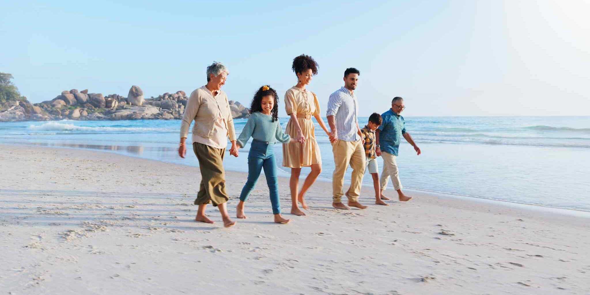 a large family walking on a beach, showing how multigenerational travel is a major travel trend in 2026