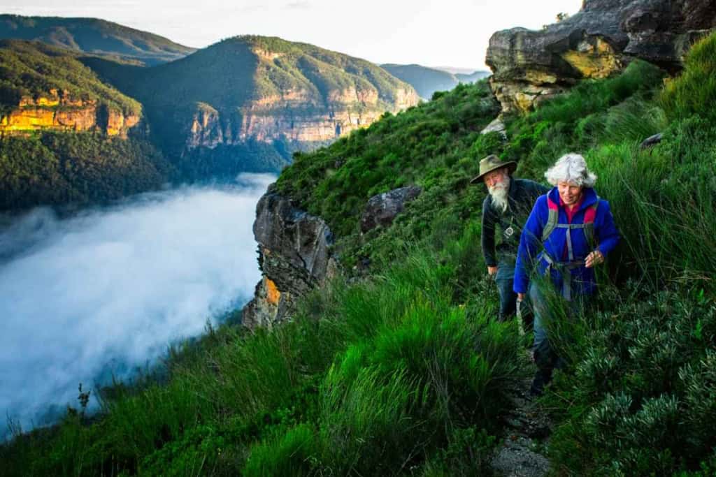 Two senior hikers trekking on a mountain trail amidst vibrant greenery and scenic landscapes.