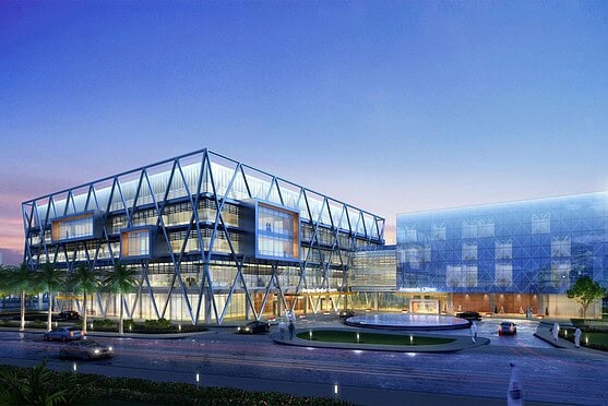 An innovative medical facility designed to offer comprehensive healthcare services, showcasing sleek architecture and accessible amenities for international citizens.