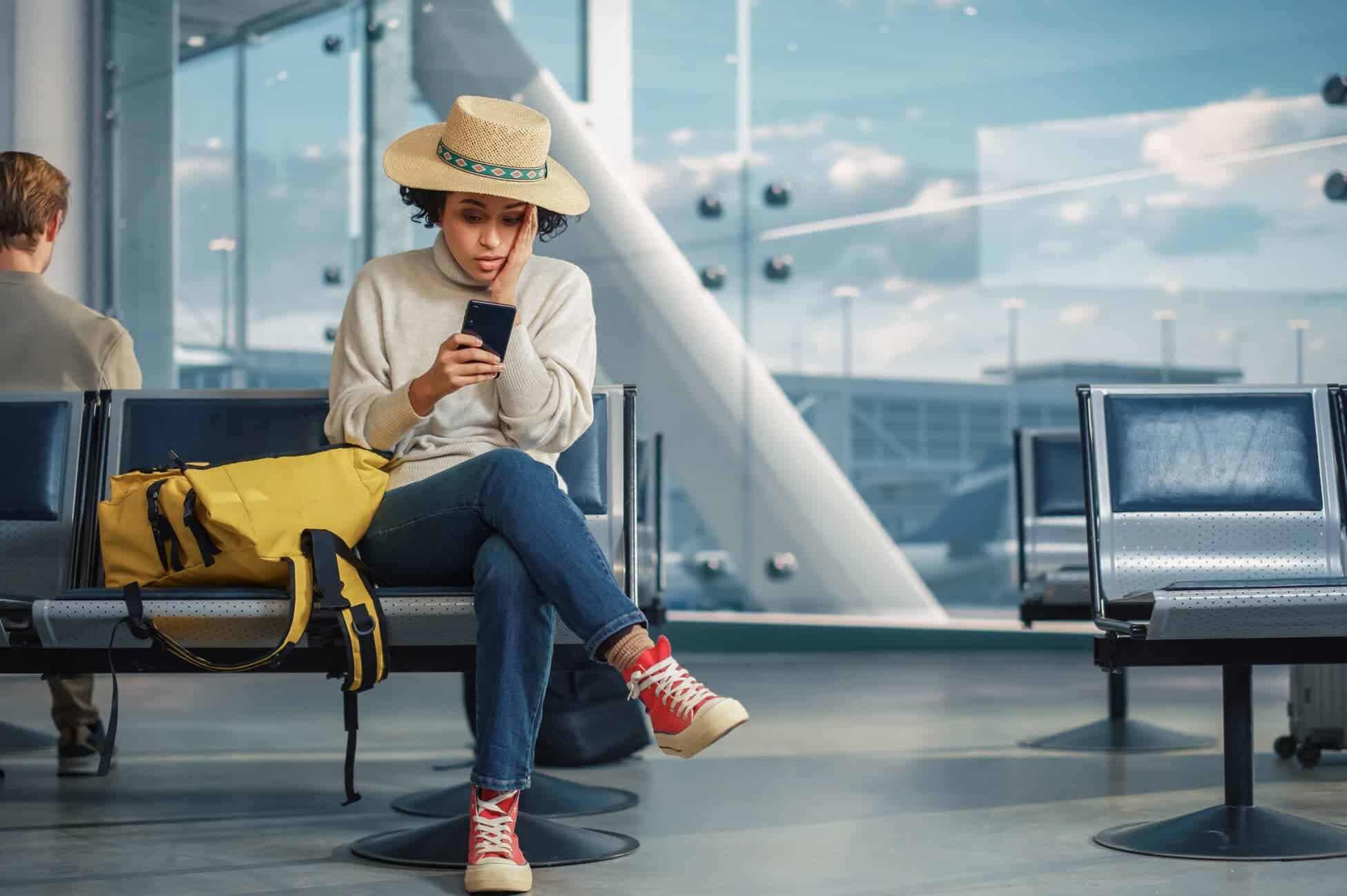 A young woman in a hat and casual outfit, sitting at an airport waiting area, checking her phone with a yellow bag beside her.