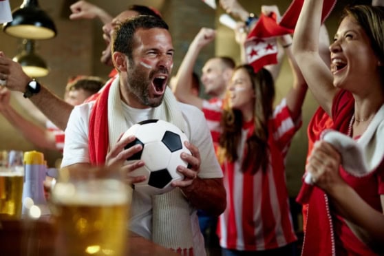 A group of diverse sports fans excitedly cheering for their team in a vibrant sports bar, wearing team jerseys and waving flags. They celebrate passionately, holding drinks and a soccer ball, showcasing the joy of sports fandom and social gatherings.