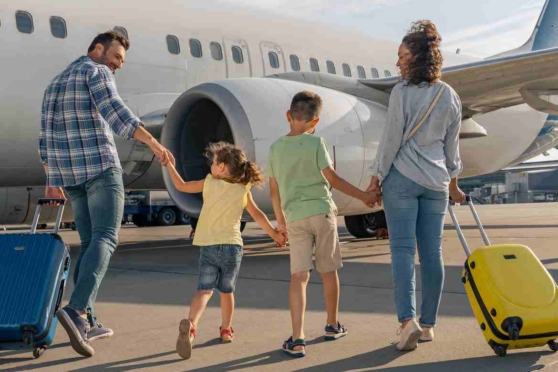 Family with children arriving at plane with rolling suitcases, ready for international travel from airport terminal, enjoying vacation.