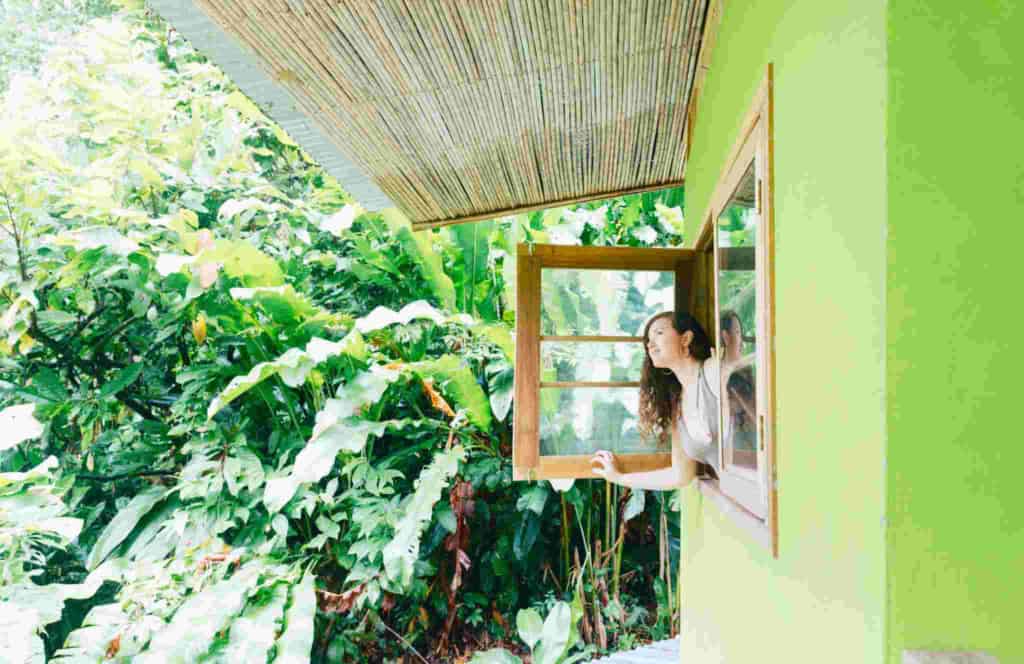 a woman leaning out a window in a jungle setting in Costa Rica, one of the visa-free countries for US citizens