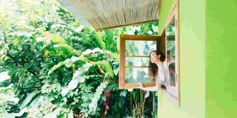a woman leaning out a window in a jungle setting in Costa Rica, one of the visa-free countries for US citizens