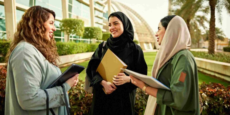 Saudi women talking to each other in university campus