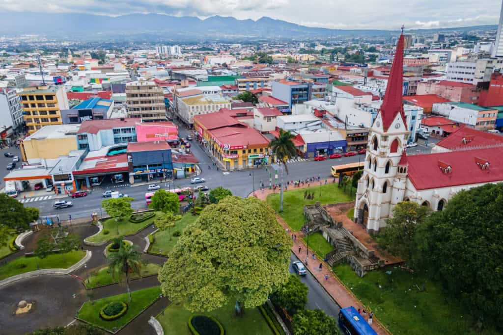 An aerial view of of the Baroque Church in Atenas in Costa Rica