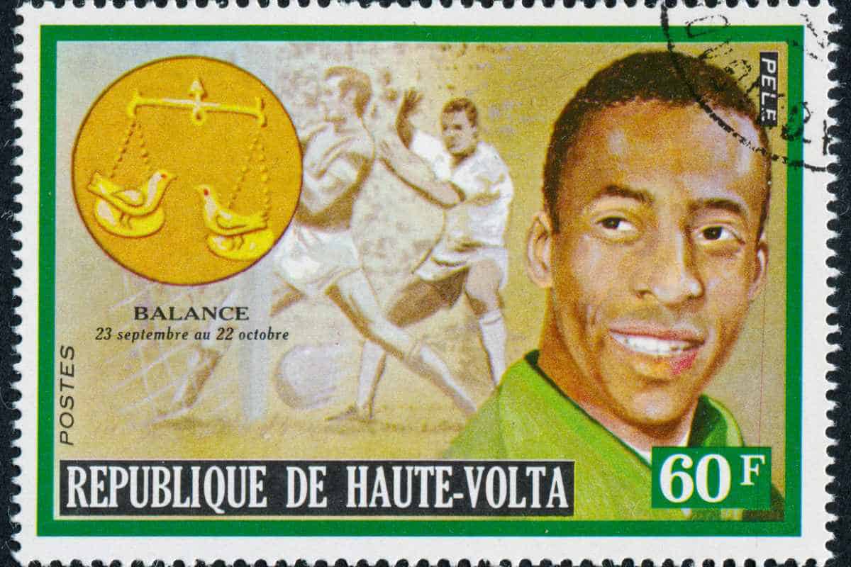 a stamp of Pelé, greatest footballer of all time, who often appears in World Cup facts
