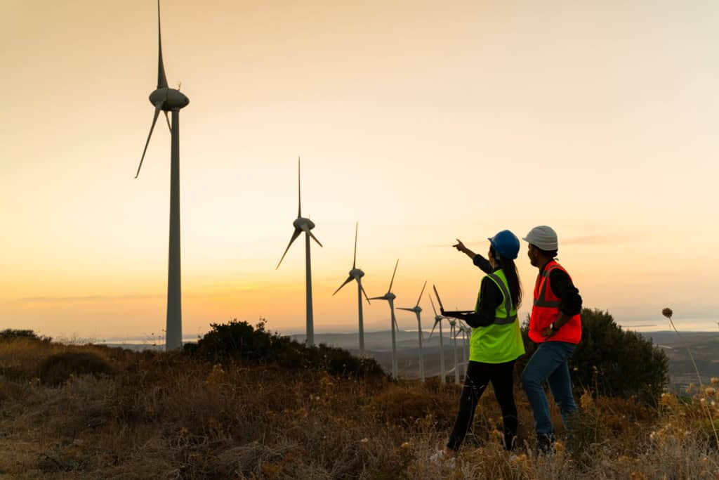 two renewable energy engineers besides row of large windmills