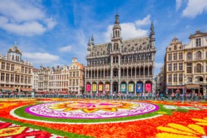 Colorful flower carpet display in Brussels' Grand Place with historic architecture and vibrant floral patterns during daytime.