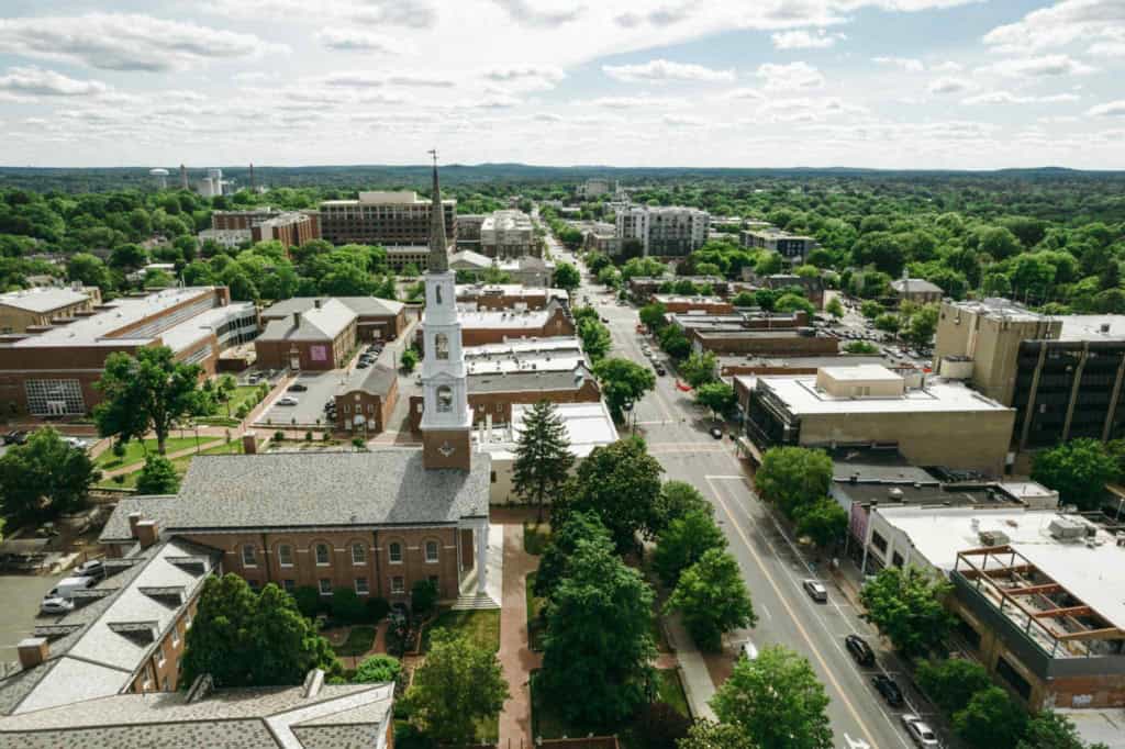 Aerial view of a Chapel Hill in North Carolina, one of the best places to retire in the US