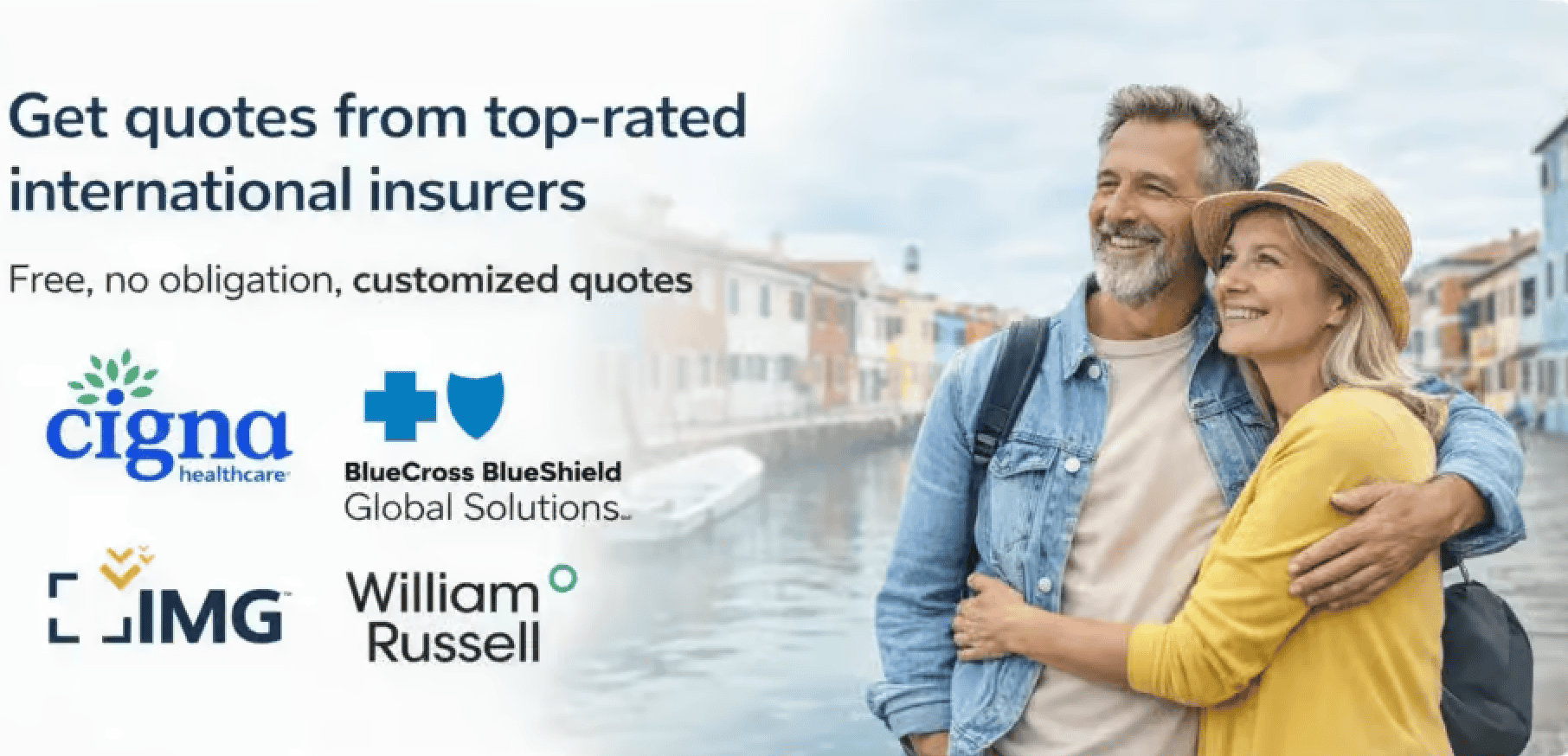 Happy mature couple enjoying a waterfront view, representing international health insurance coverage for global citizens.