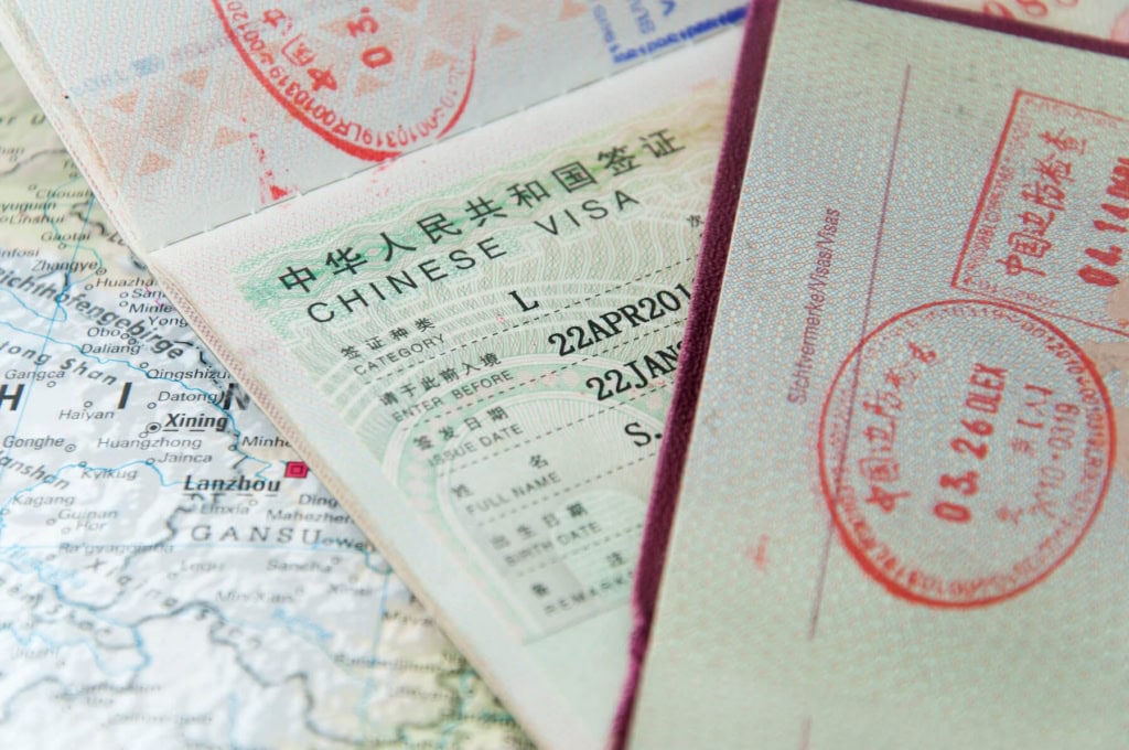 International travel insurance documents including Chinese visa and passport pages on a world map background.