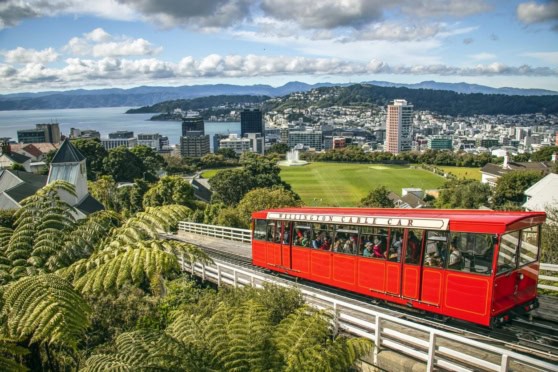 A red cable car ascending through lush greenery with a panoramic view of Wellington, New Zealand, featuring city buildings, green parks, and distant mountains under a partly cloudy sky.