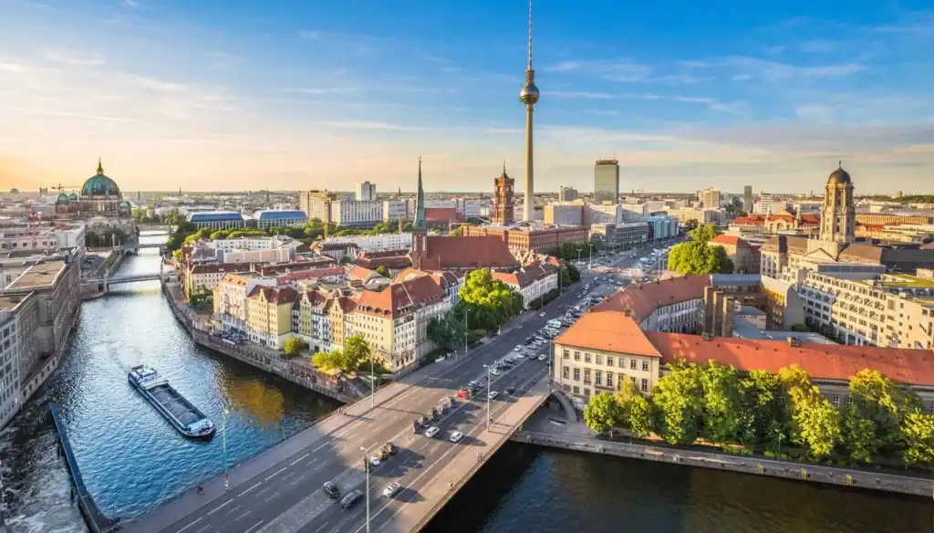 Berlin cityscape with the TV Tower and Spree River, Germany.