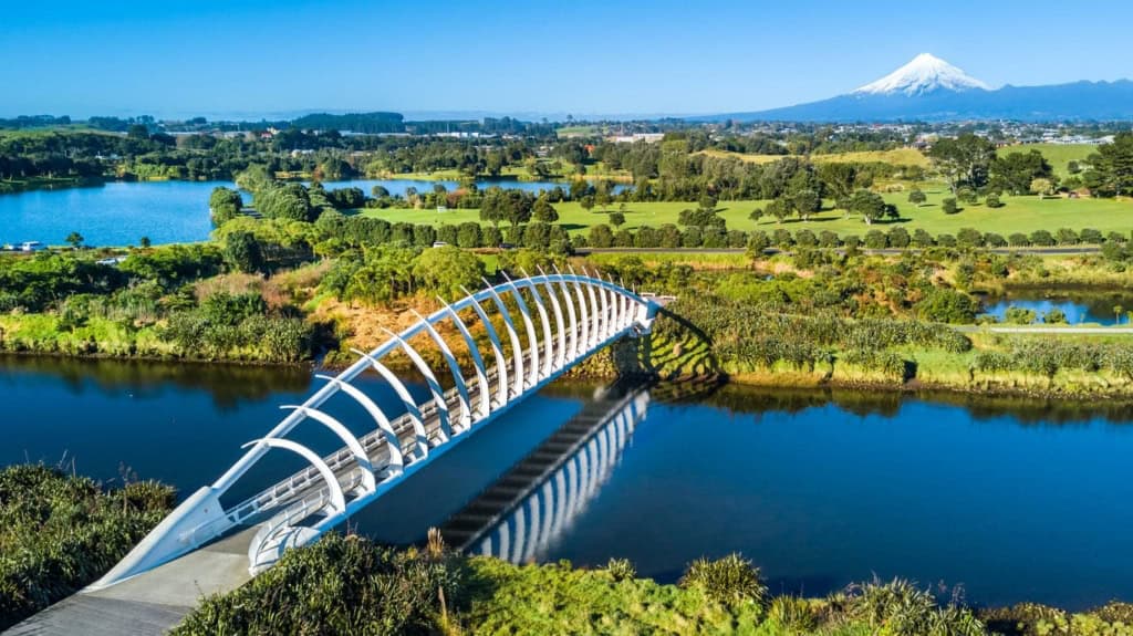 A panoramic view of Wellington, New Zealand, featuring the iconic Wellington Harbour Bridge, lush green landscapes, and Mount Victoria in the background under a clear blue sky.
