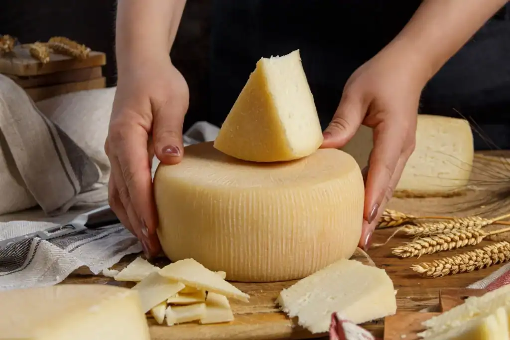 A person slicing a large wheel of cheese on a wooden table, with cheese pieces and wheat stalks nearby, showcasing traditional Italian cheese-making.
