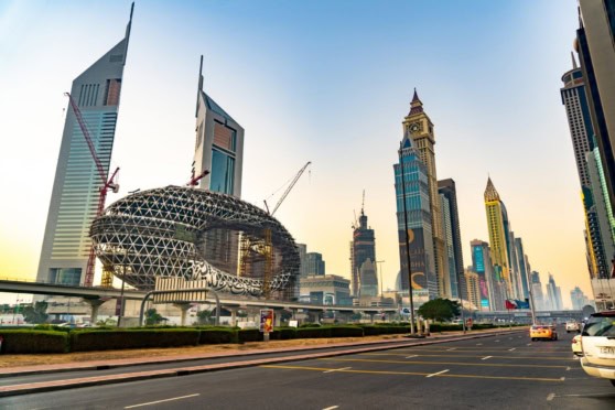 Dubai skyline with iconic skyscrapers and modern architecture.