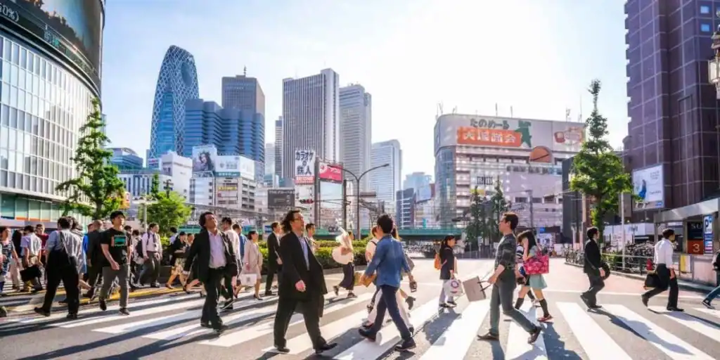 An energetic scene of diverse pedestrians crossing a busy intersection in Tokyo, Japan, showcasing modern skyscrapers and urban life.