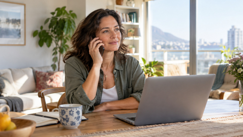 Woman in her 40s on a video call in a bright apartment with city view, representing international health insurance planning.